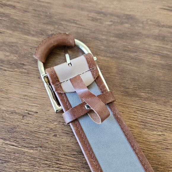 Leather Brown Camel Wide Gold Buckle Classic Minimalist Statement Belt L/XL - Picture 2 of 7